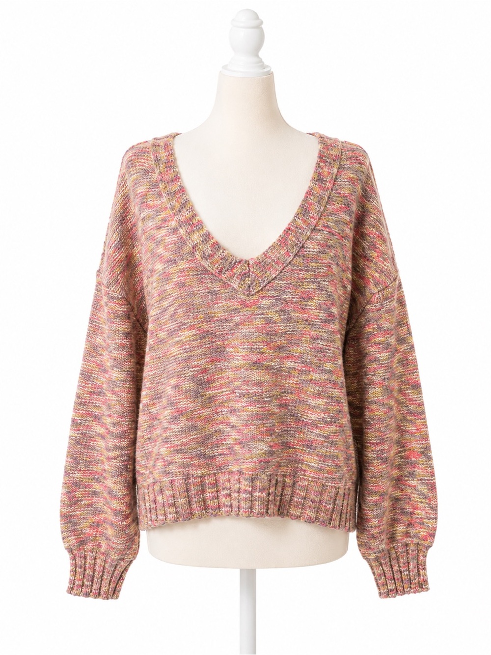 Pilcro Anthropologie Small Speckled Knit V-Neck Sweater Balloon Sleeve Cozy Boho